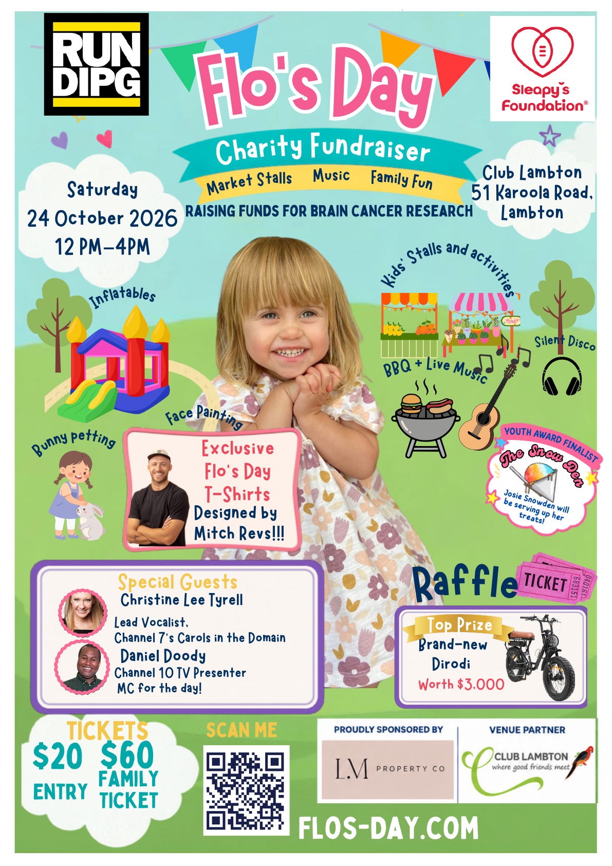 Flo’s Day event poster for Saturday 24 October 2026, 12pm–4pm at Club Lambton