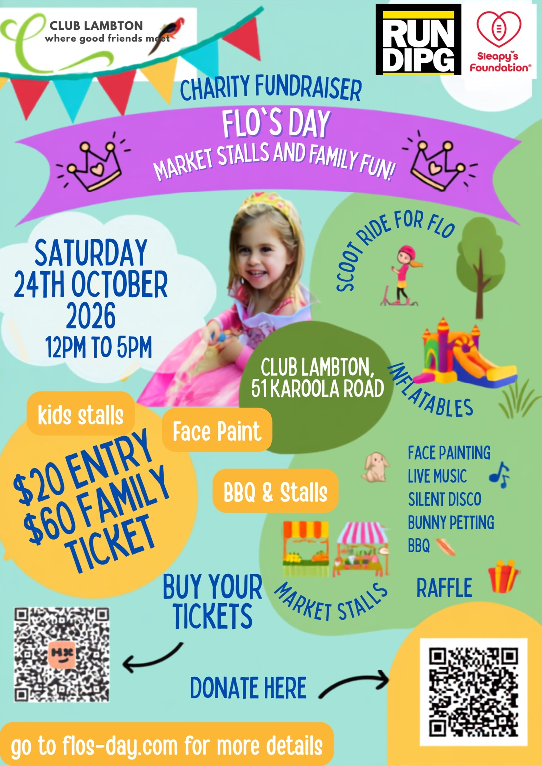 Full 2026 Flo's Day event poster with ticket and donation QR codes