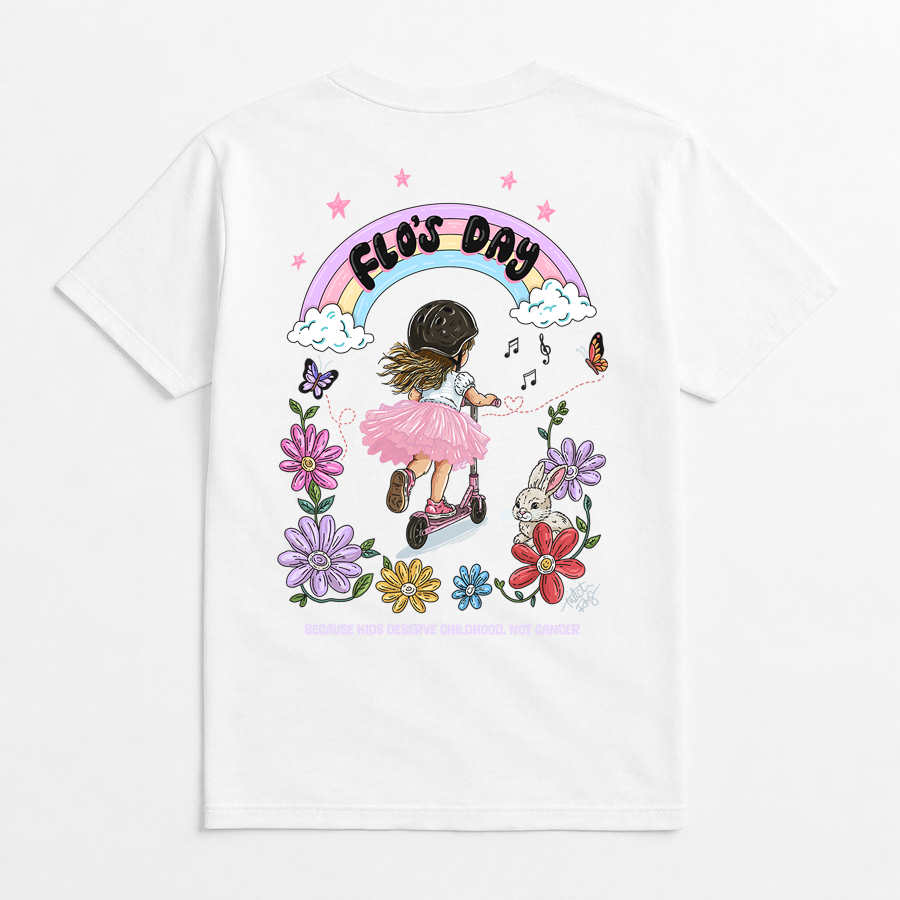 Mitch Revs’ Flo’s Day T-shirt showing Flo riding her scooter beneath a rainbow