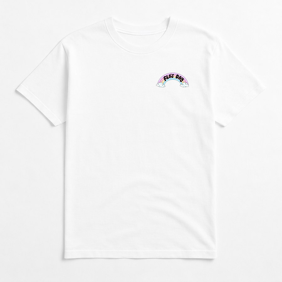 Front of the Flo’s Day T-shirt with its small rainbow design